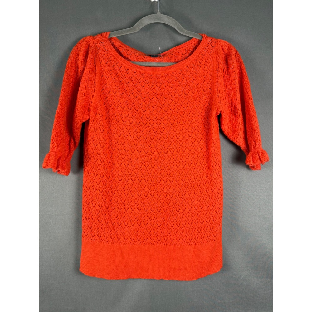 Ann Taylor Factory Sweater Womens XS Orange Pointelle Ruffle Elbow Sleeve Scoop